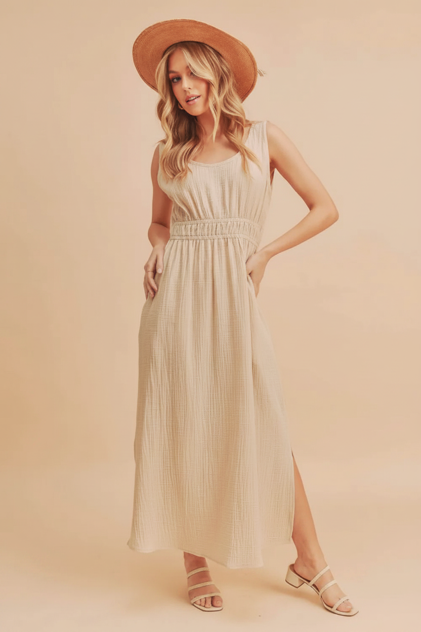 Aemi + Co Side Slit Round Neck Sleeveless Tank Dress - Oatmeal / S