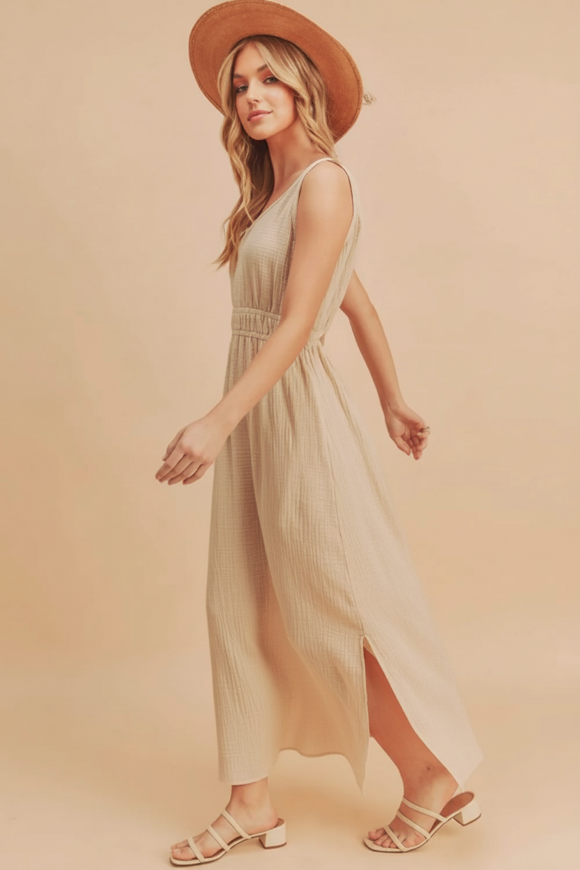 Aemi + Co Side Slit Round Neck Sleeveless Tank Dress - Oatmeal / S